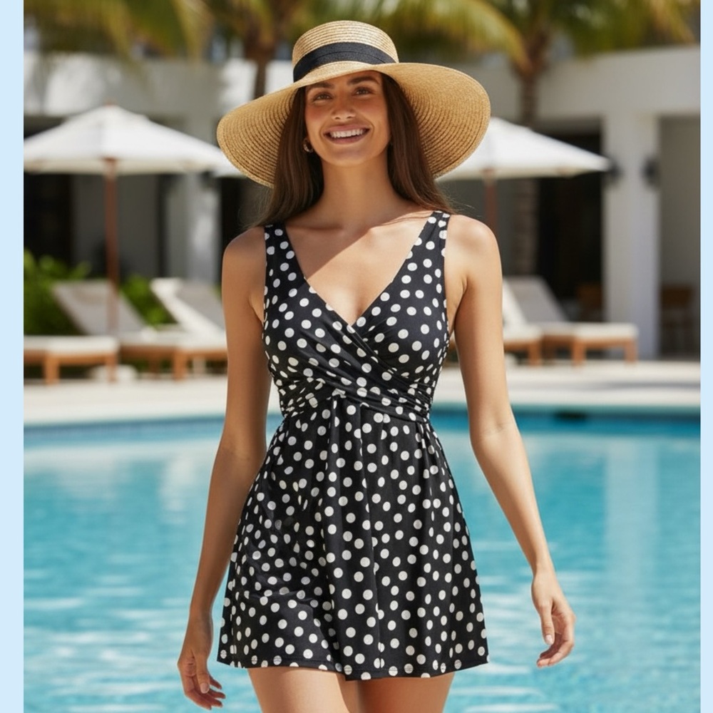 Lands' End Black and White swimdress with Polka Dots